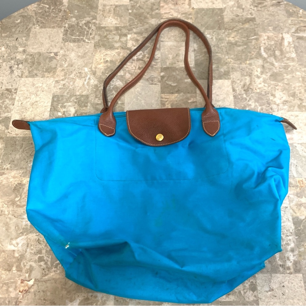 Longchamp Le Pliage Tote Bag BRIGHT Electric Blue Nylon 18” Stains As Is